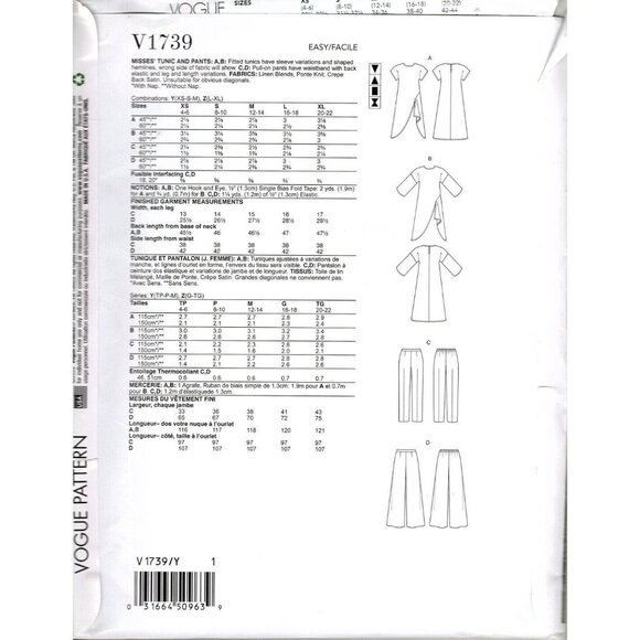 Vogue V1739 Misses L to XL Side Slit Long Tunic and Pants UNCUT Sewing Pattern - Picture 2 of 2